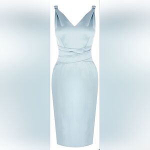 Karen Millen "Bow Back Mama Mia" light blue satin V-neck dress sz 0